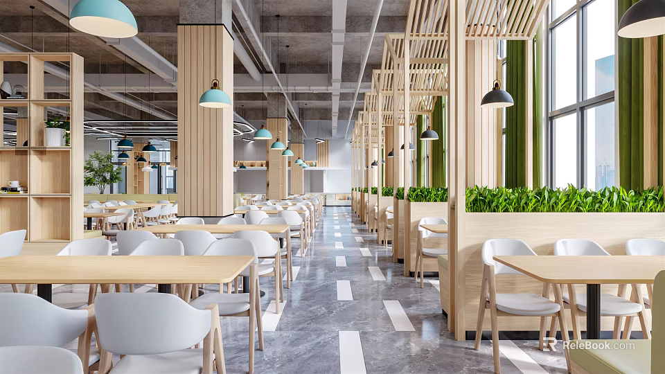 Modern Dining Space Interior With Wooden Frames White Chairs Green Plants And Pendant Lights 3d model 