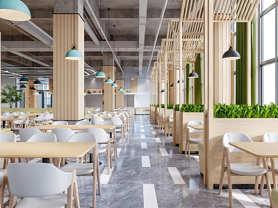 Modern Dining Space Interior With Wooden Frames White Chairs Green Plants And Pendant Lights 3d model