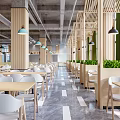 Modern Dining Space Interior With Wooden Frames White Chairs Green Plants And Pendant Lights