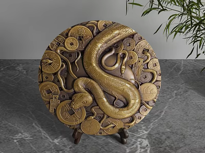 Brass Circular Decorative Ornament Set Featuring Snake And Coin Patterns On Marble Tabletop 3d model