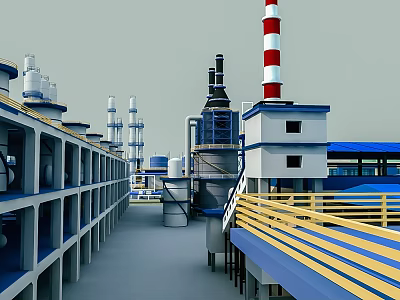 Durable Swing Door for Industrial Plant with Blue White Buildings and Yellow Railings 3d model