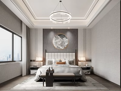 Elegant Modern Bedroom Interior With Large Bed Circular Wall Art Bedside Lamps And Pendant Light 3d model