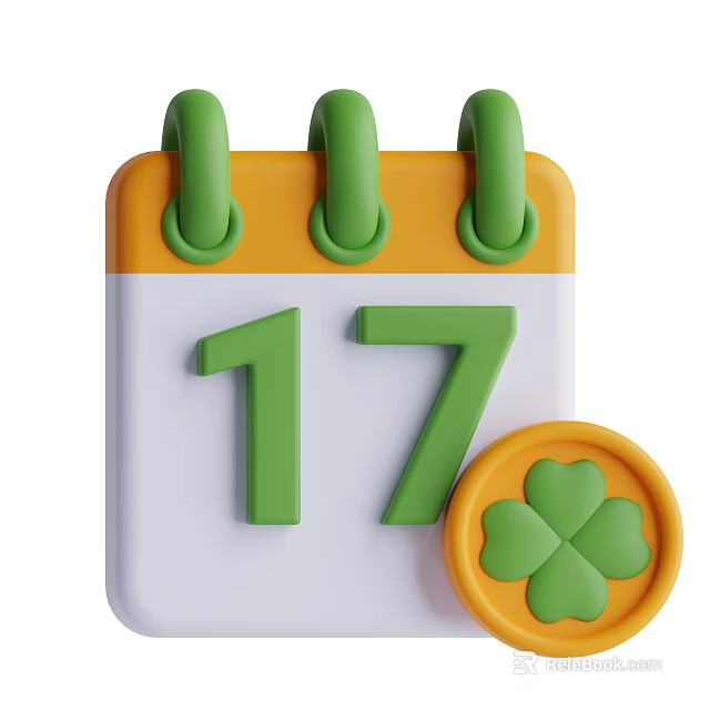 Decorative Calendar Ornament Combination Featuring Orange Base Green Number 17 And Round Clover Coin 3d model 