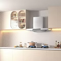 Modern Kitchen With Appliances Range Hood Gas Stove White Cabinets And Lit Open Shelves