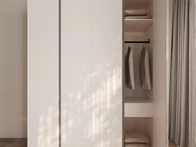 Modern White Sliding Door Wardrobe With Hanging Area And Folded Shelves In Natural Light 3d model