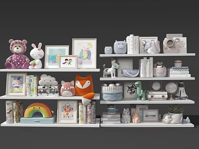 Decorative Ornament Combination on White Shelves with Plush Toys Photo Frames Books and Plants 3d model