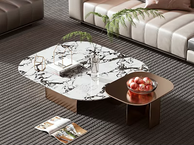 Modern Luxury Coffee Table Marble Top With Decor Plants And Side Table Fruit Bowl 3d model