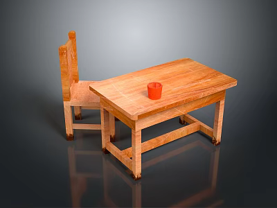 Simple Natural Wooden Furniture Set Table and Chair With Red Cup on Top 3d model