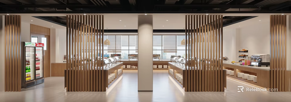 Modern Restaurant Interior With Open Layout Wooden Partitions Large Windows And Bar Seating 3d model 