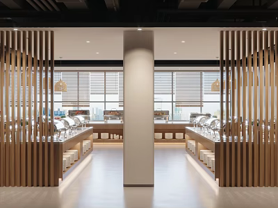 Modern Restaurant Interior With Open Layout Wooden Partitions Large Windows And Bar Seating 3d model