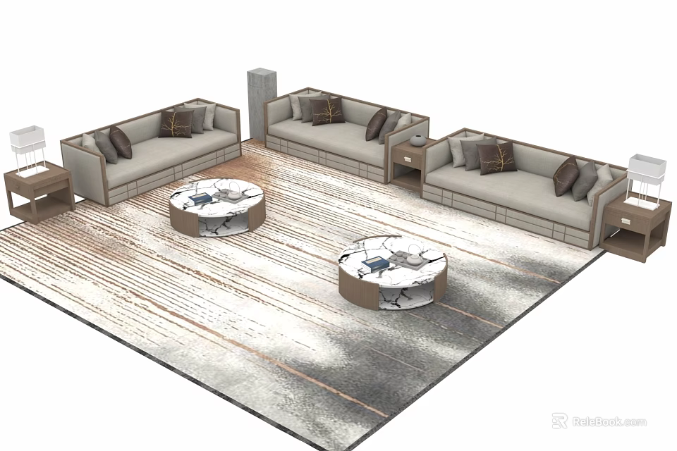 Modern Sofa Coffee Table Set With Round Marble Tops Throw Pillows On Area Rug 3d model