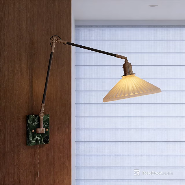Modern Wall Lamp With Adjustable Arm And Striped Lampshade On Wooden Wall 3d model 