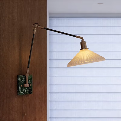 Modern Wall Lamp With Adjustable Arm And Striped Lampshade On Wooden Wall 3d model