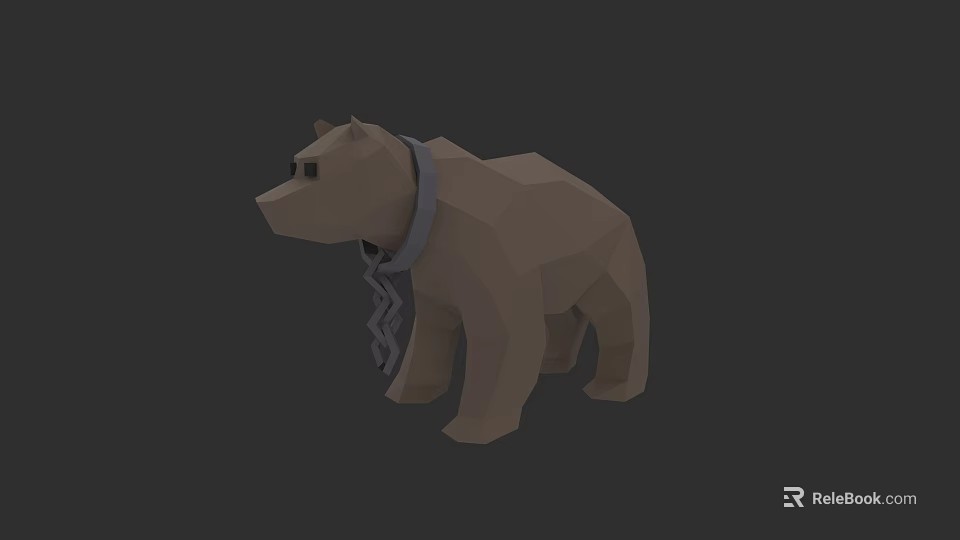Low Poly Brown Bear 3D Model With Collar And Chain Decoration 3d model 