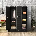 Modern Black Wardrobe With Slatted Doors Hanging Clothes Storage Baskets And Drawers