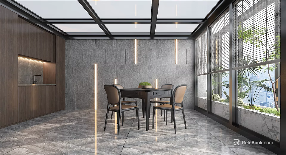 Modern Villa Balcony Interior Design With Grey Walls Marble Flooring And Glass Ceiling 3d model 