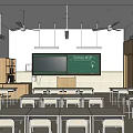 Well Equipped Spacious School Classroom With Blackboard Desks Chairs Windows And Bookshelves