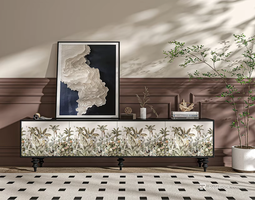 Elegant Modern TV Stand With Floral Pattern Framed Painting And Potted Plant 3d model 