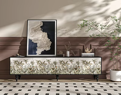 Elegant Modern TV Stand With Floral Pattern Framed Painting And Potted Plant 3d model