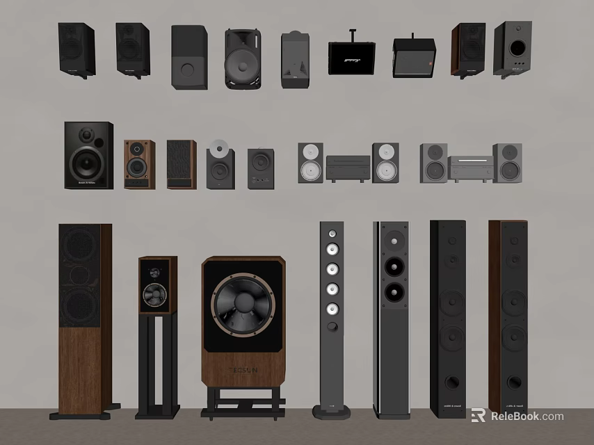 Various Types of Audio Speakers Including Floorstanding Bookshelf and Wall Mounted Models 3d model 