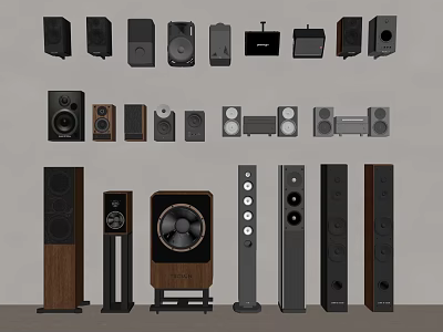 Various Types of Audio Speakers Including Floorstanding Bookshelf and Wall Mounted Models 3d model
