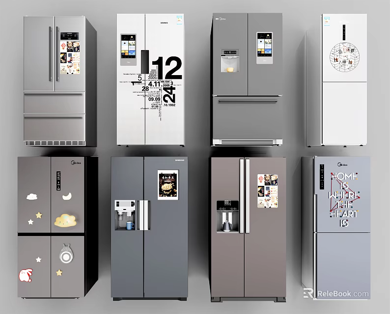 Stylish Refrigerators Freezers Collection With Various Designs Decorative Stickers And Color Options 3d model 