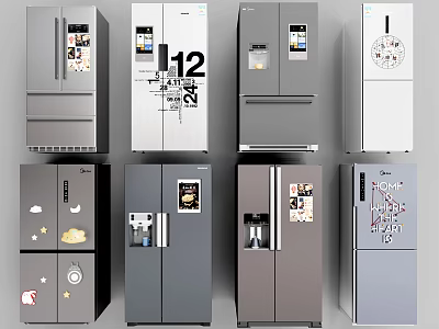 Stylish Refrigerators Freezers Collection With Various Designs Decorative Stickers And Color Options 3d model