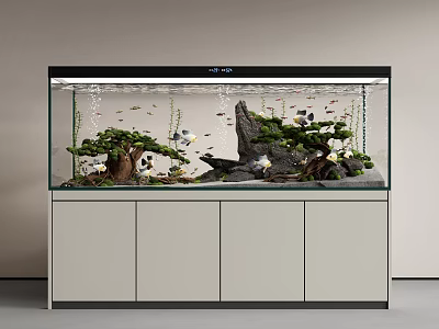 Modern Aquarium Fish Tank With Aquatic Plants Rocks Fish And Cabinet Stand 3d model