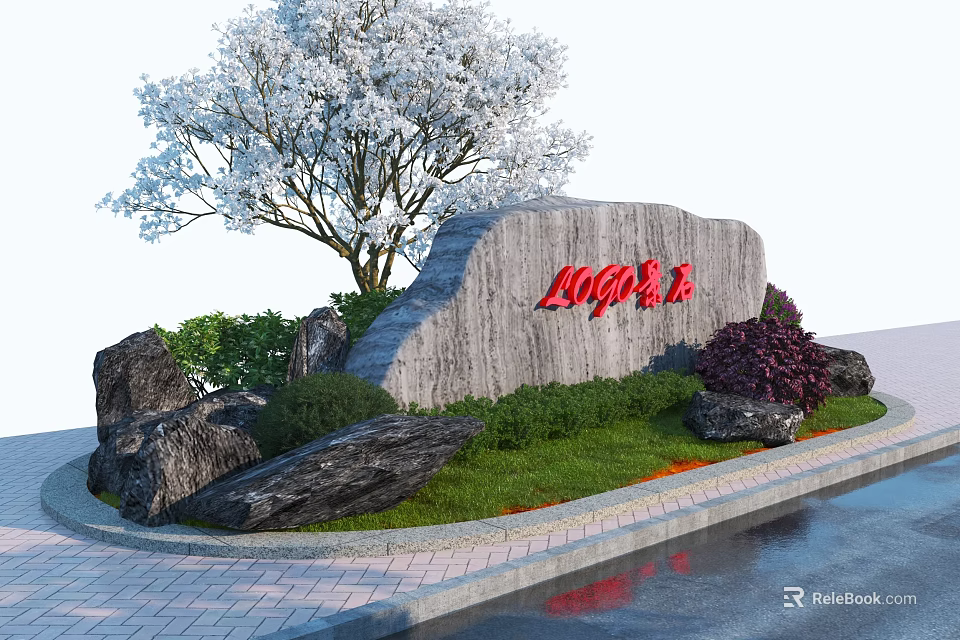 Outdoor Landscape Featuring Gray Stone Sign Red LOPA Lettering White Flowering Tree Green Lawn And Black Rocks 3d model 