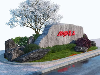 Outdoor Landscape Featuring Gray Stone Sign Red LOPA Lettering White Flowering Tree Green Lawn And Black Rocks 3d model
