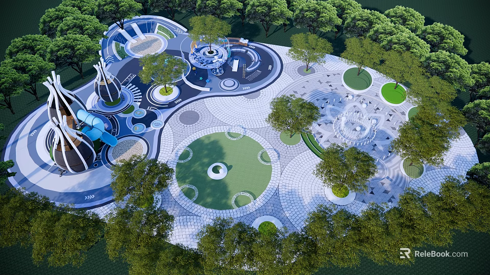 Children's Playground Area With Circular Lawns Trees Slides And Paved Ground 3d model 