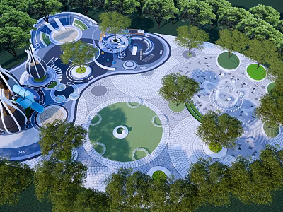 Children's Playground Area With Circular Lawns Trees Slides And Paved Ground 3d model