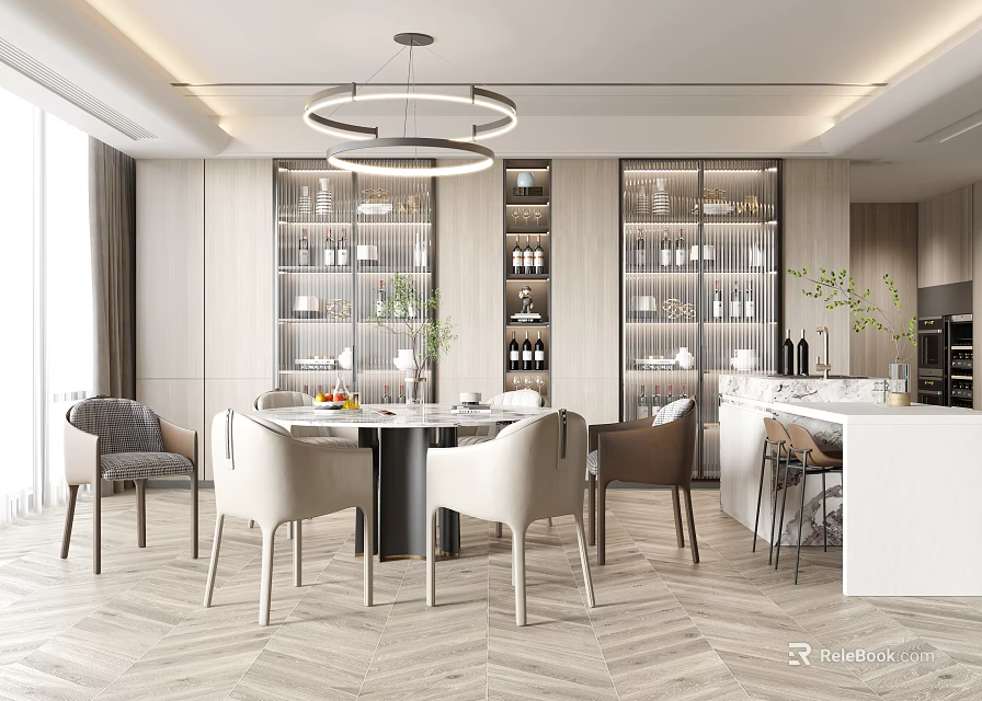 Elegant Modern Restaurant Interior Design With Dining Table Chairs Hanging Light And Wine Display Shelves 3d model 