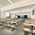 School Classroom Interior With White Desks Wooden Chairs And Colorful Bulletin Boards