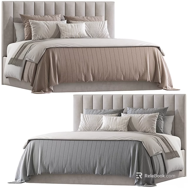 Double Bed Featuring Grey Upholstered Headboard Multiple Decorative Pillows And Striped Bedspread 3d model
