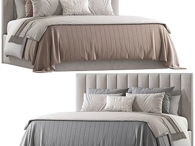 Double Bed Featuring Grey Upholstered Headboard Multiple Decorative Pillows And Striped Bedspread 3d model