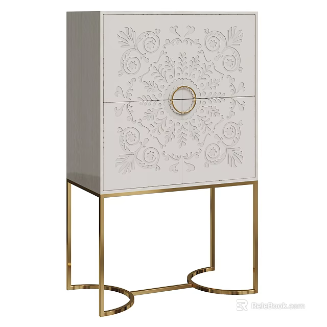 Elegant Entryway Console Cabinet With Carved Patterns And Golden Metal Legs 3d model 