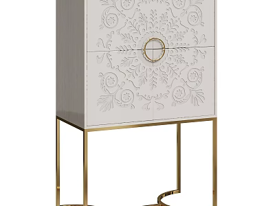 Elegant Entryway Console Cabinet With Carved Patterns And Golden Metal Legs 3d model