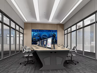 Modern Control Room Interior With Large Monitor Wall Control Desk And Office Chairs 3d model