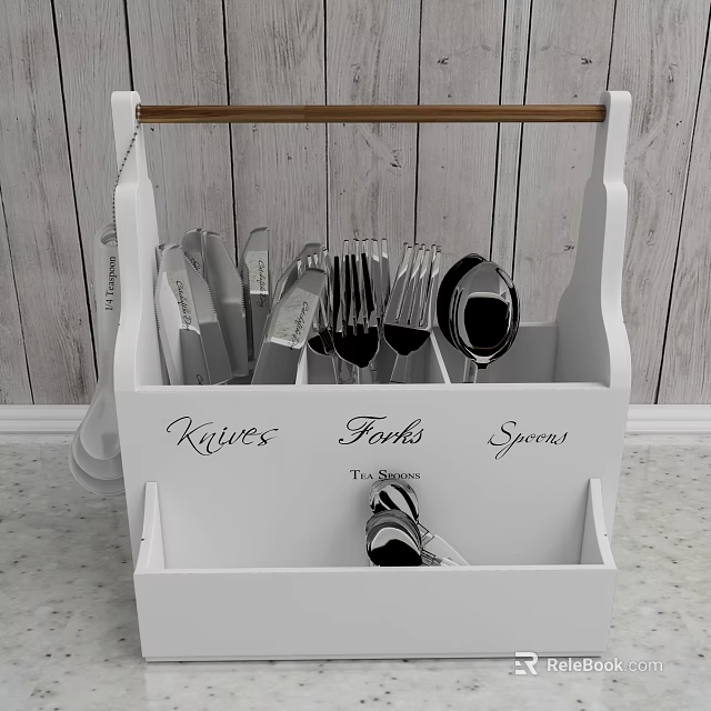 White Kitchen Cutlery Set with Wooden Organizer Holder Knives Forks Spoons 3d model 