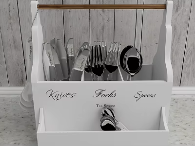 White Kitchen Cutlery Set with Wooden Organizer Holder Knives Forks Spoons 3d model