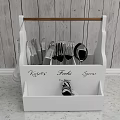 White Kitchen Cutlery Set with Wooden Organizer Holder Knives Forks Spoons