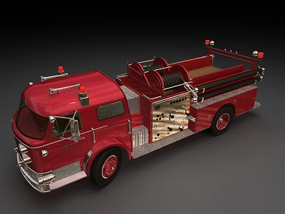 Red Functional Fire Truck With Ladder Hose Reel And Emergency Rescue Equipment 3d model