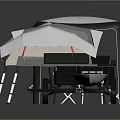 Camper Trailer With Pop Up Tent Awning And Foldable Table Chairs 3d model