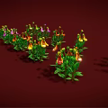 Cartoon Scene Of Colorful Flowers With Red Yellow Petals And Green Leaves On Red Background