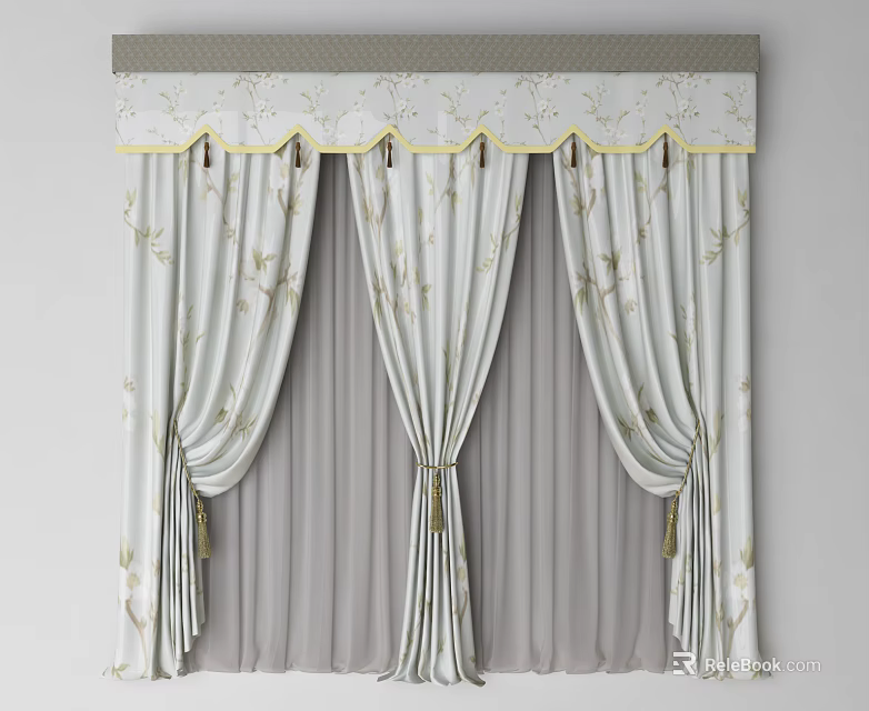 Elegant Light Colored Curtains With Floral Pattern Valance And Layered Design 3d model