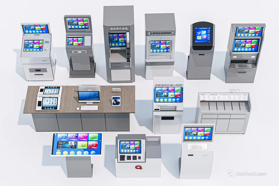 Smart Machines Featuring Various Self Service Terminals With Touchscreen Displays And Functional Designs 3d model