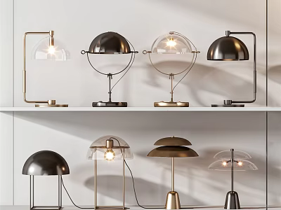Modern Table Lamps With Metal Bases And Glass Shades On Display Shelf 3d model