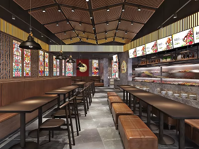 Traditional Restaurant Interior With Stained Glass Windows Hanging Pendant Lights Long Tables And Leather Benches 3d model