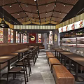 Traditional Restaurant Interior With Stained Glass Windows Hanging Pendant Lights Long Tables And Leather Benches
